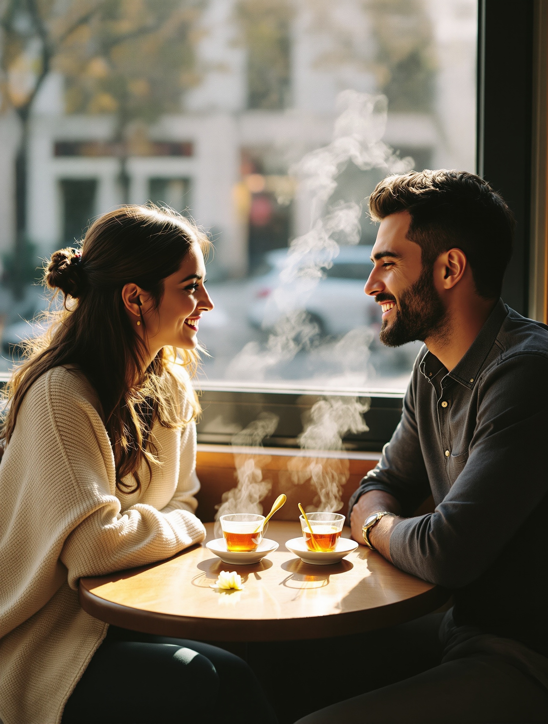 A couple meeting for tea at a London cafe