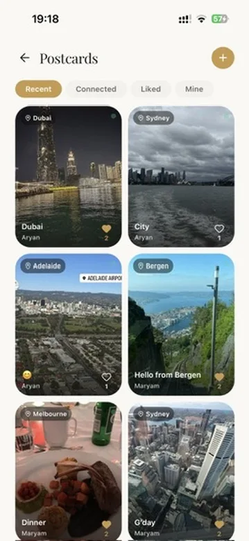 DelbarMe app interface · Postcards: share moments for 24 hours